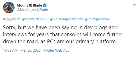 tweet from @Mount_and_Blade about Bannerlord console release cross-platform